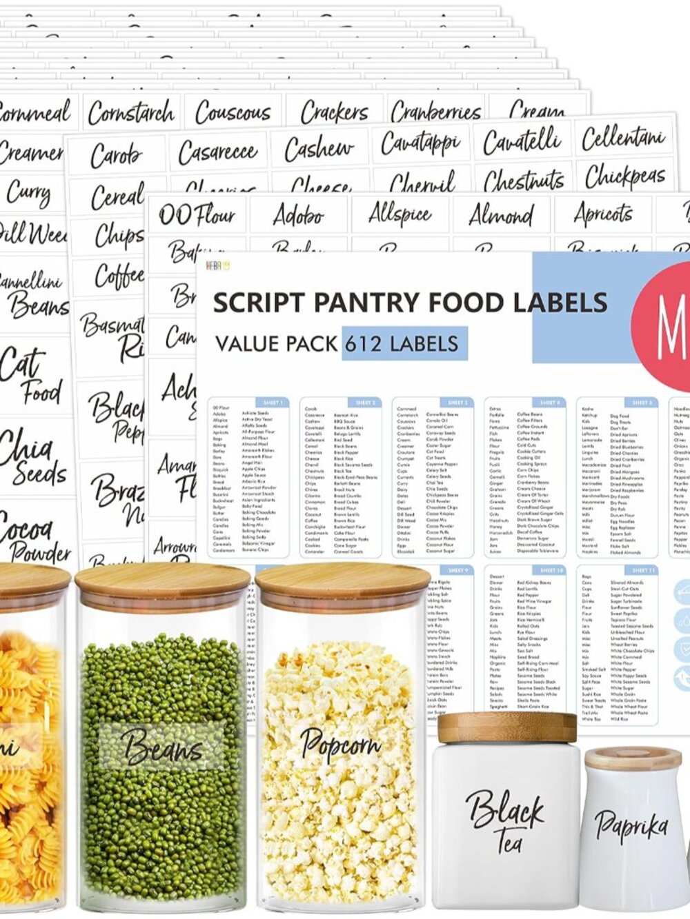 612 Script Pantry Food Labels, Water & Oil Resistant Pantry Label Stickers Food